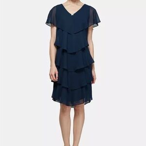 SL Fashions Women's Navy Blue Tiered Rhinestone Capelet Dress